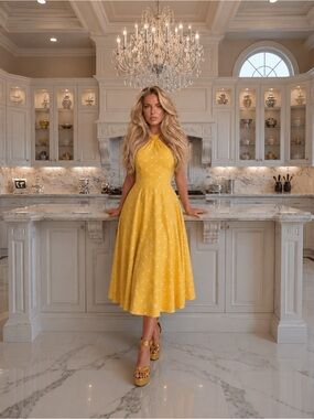 Venus Butter Yellow Polka Dot Halter Midi Dress – Size US 4